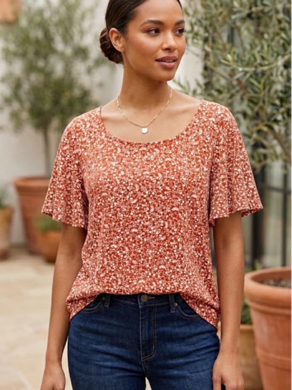 Adrianna Papell Orange Floral Stretch Knit Short Sleeve Top Size 1X